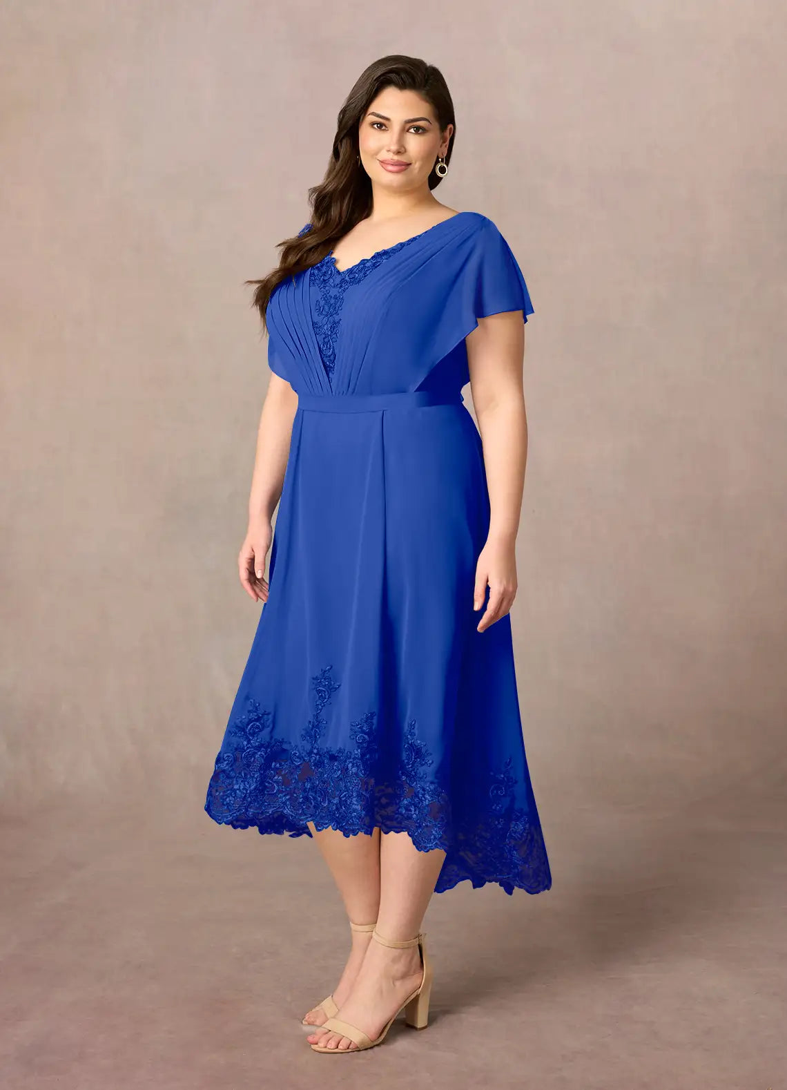 A-Line V-Neck Chiffon Midi Lace Formal Mother of the Bride Dress