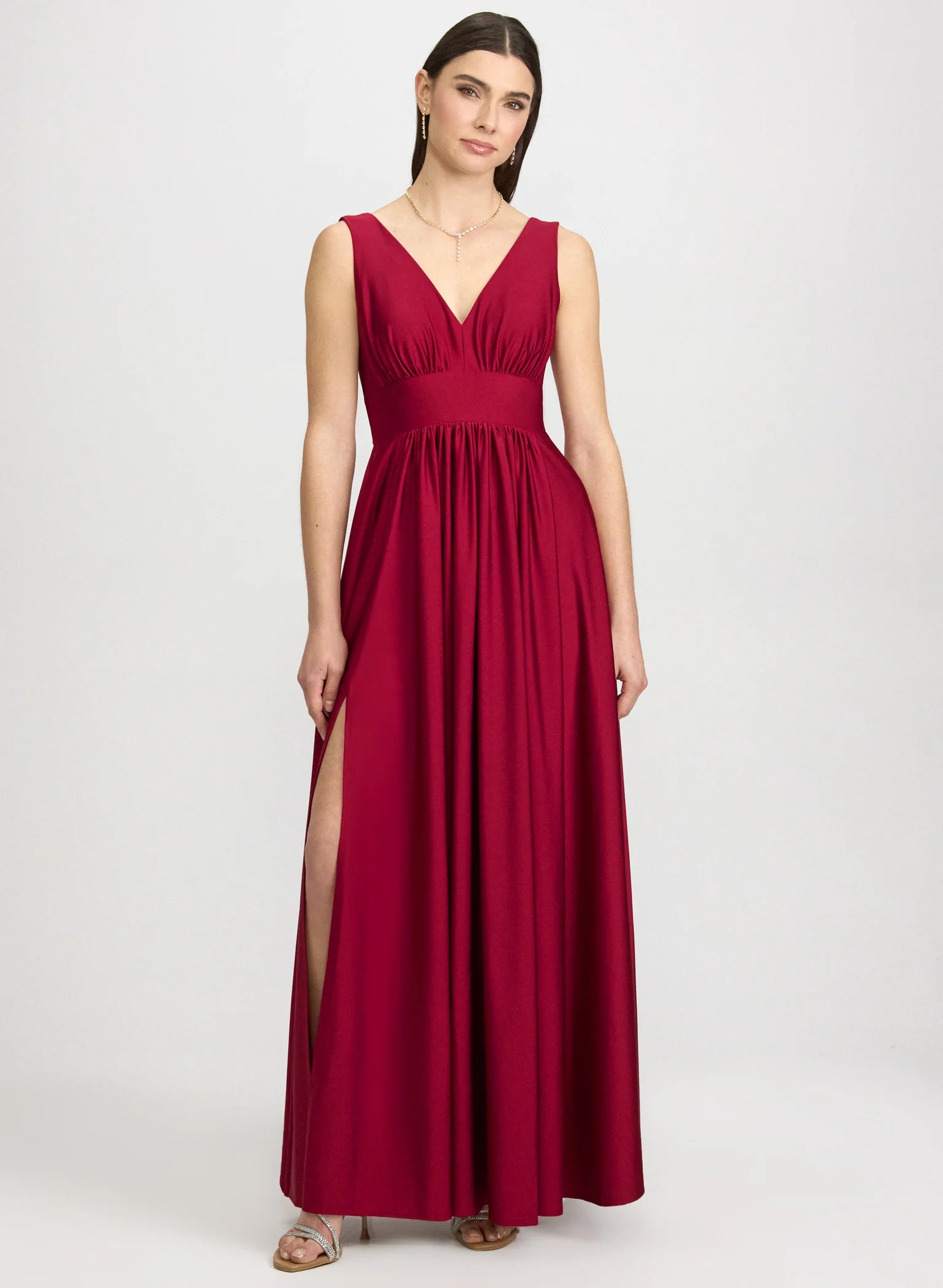 A-Line V-Neck Satin Wedding Guest Dress Floor-Length Gown with Slit