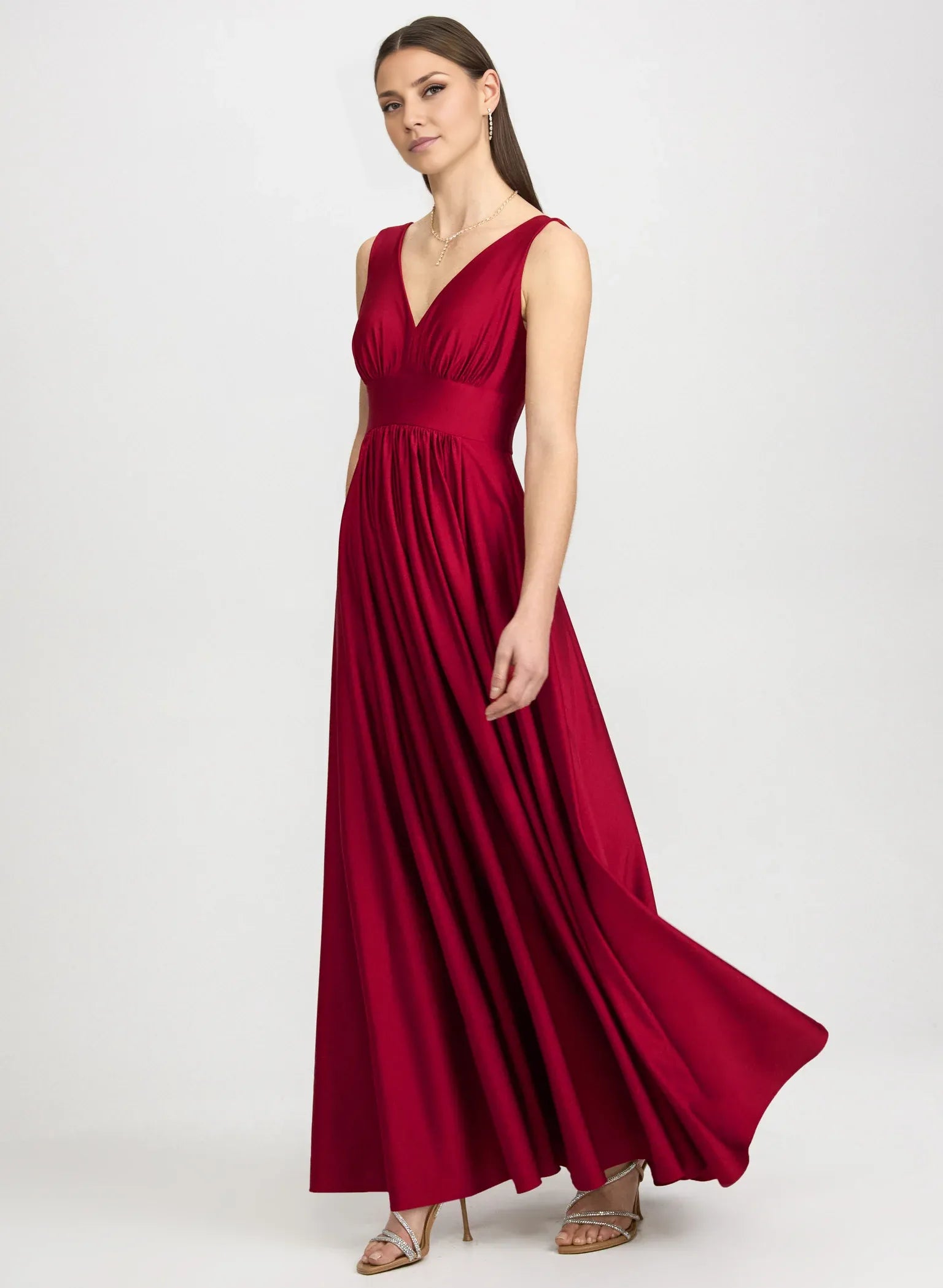 A-Line V-Neck Satin Wedding Guest Dress Floor-Length Gown with Slit