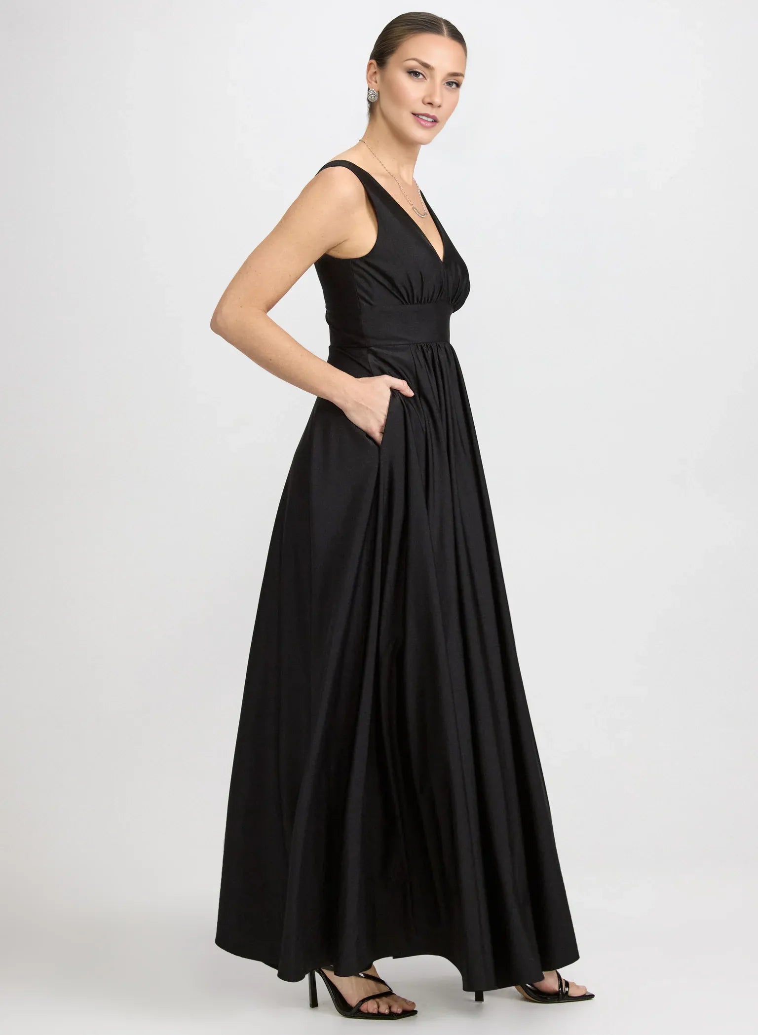 A-Line V-Neck Satin Wedding Guest Dress Floor-Length Gown with Slit