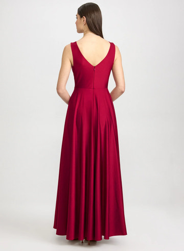 A-Line V-Neck Satin Wedding Guest Dress Floor-Length Gown with Slit