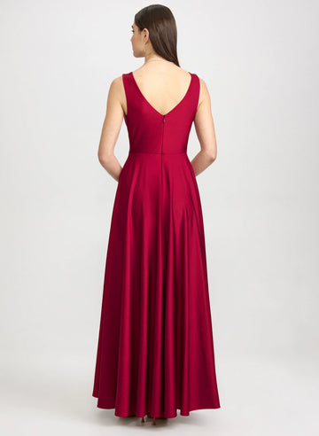 A-Line V-Neck Satin Wedding Guest Dress Floor-Length Gown with Slit