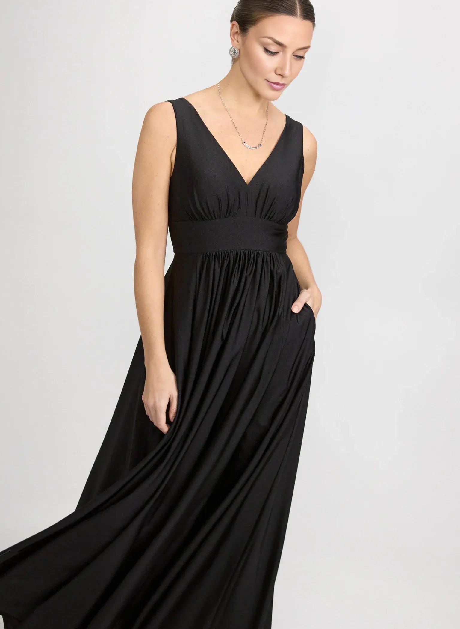 A-Line V-Neck Satin Wedding Guest Dress Floor-Length Gown with Slit