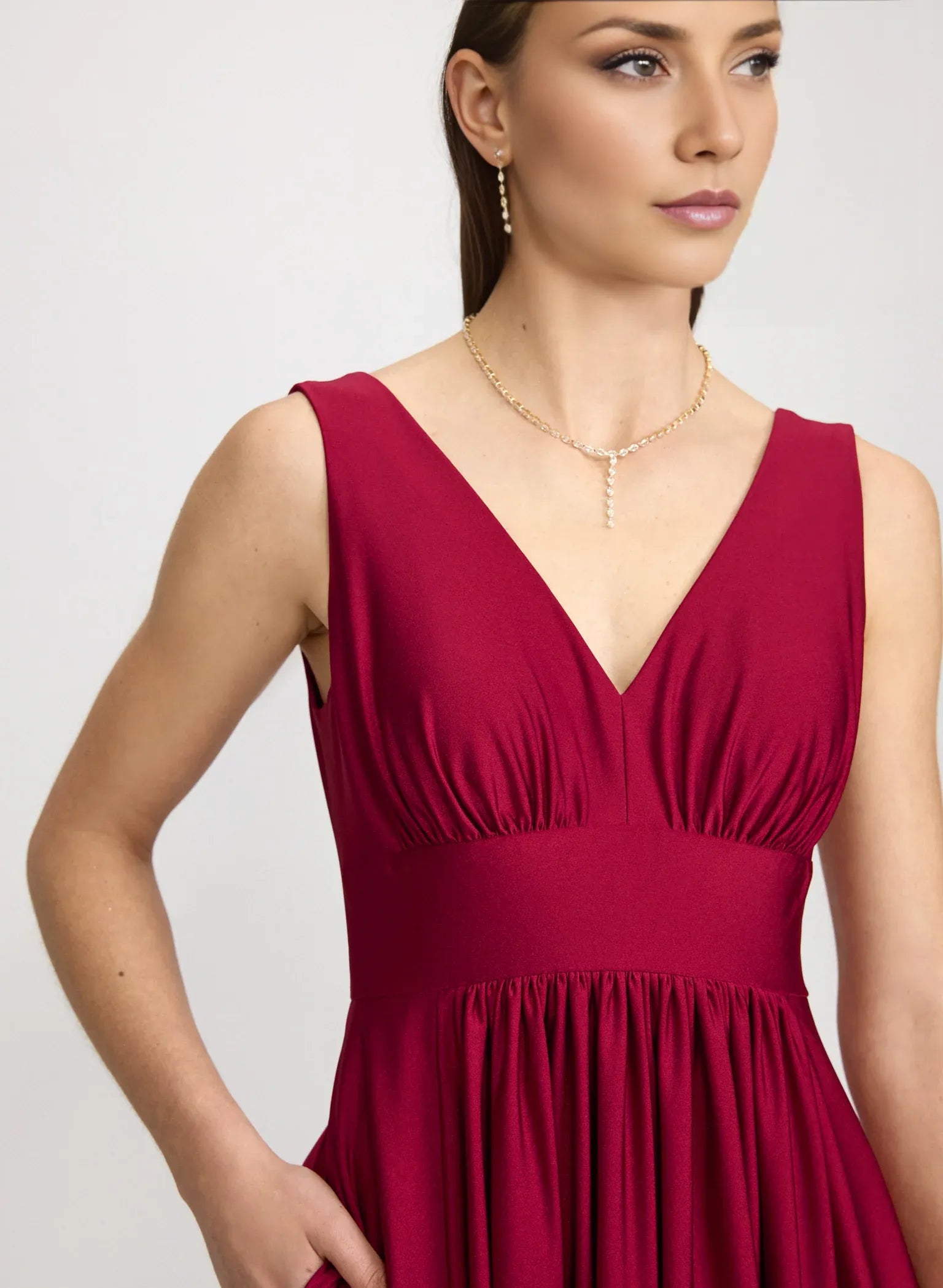 A-Line V-Neck Satin Wedding Guest Dress Floor-Length Gown with Slit