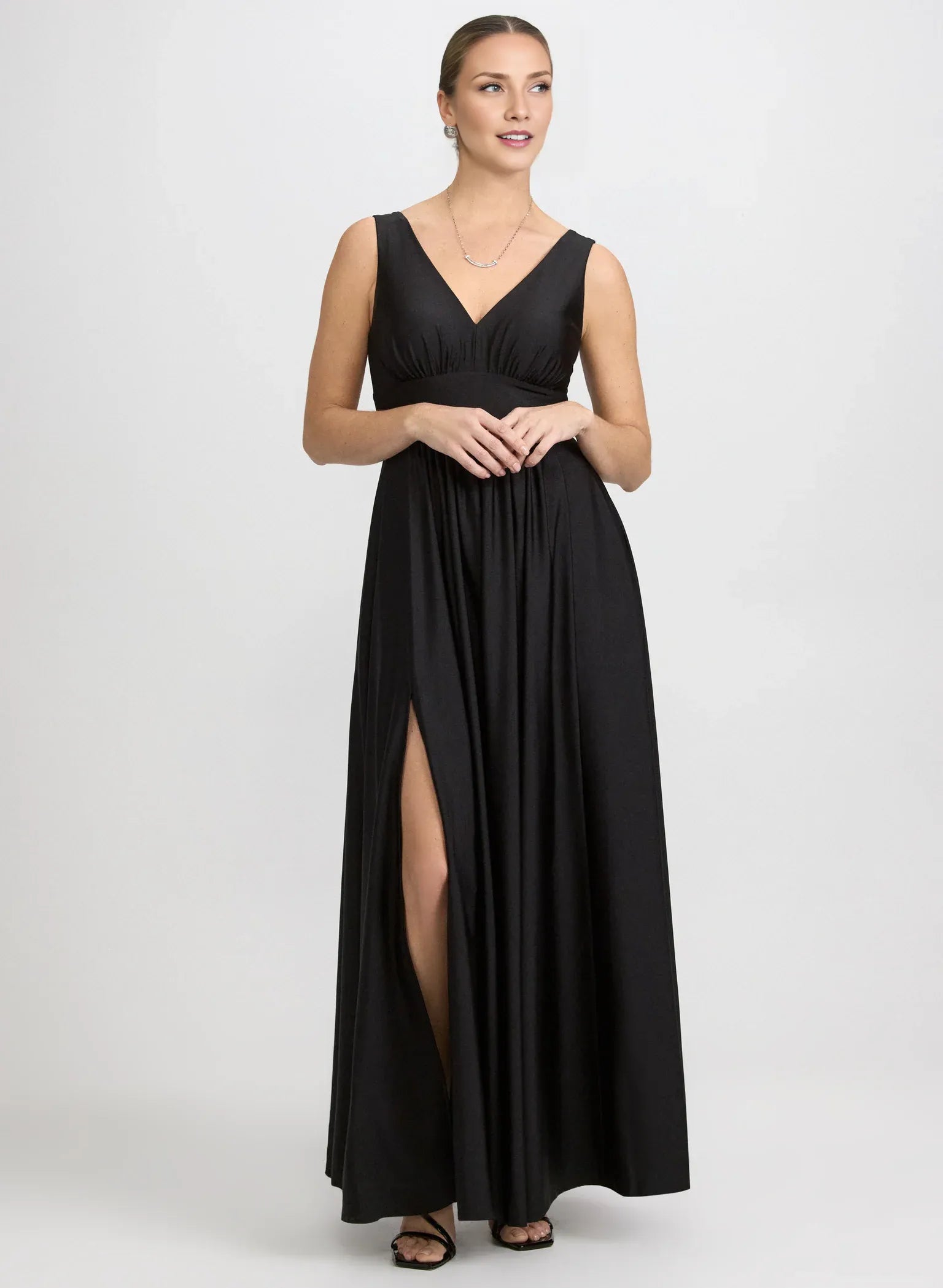 A-Line V-Neck Satin Wedding Guest Dress Floor-Length Gown with Slit