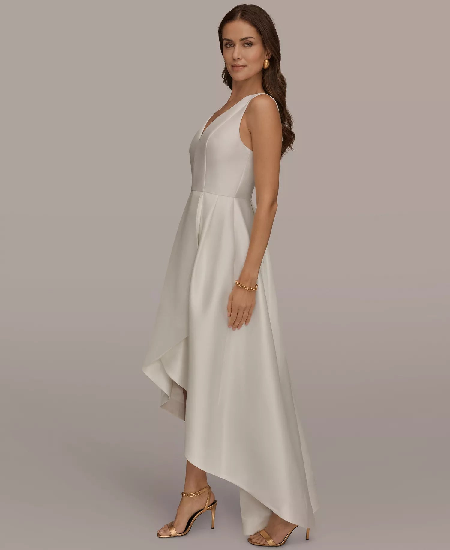 A-Line V-Neck Satin Asymmetrical High-Low Cocktail Dress