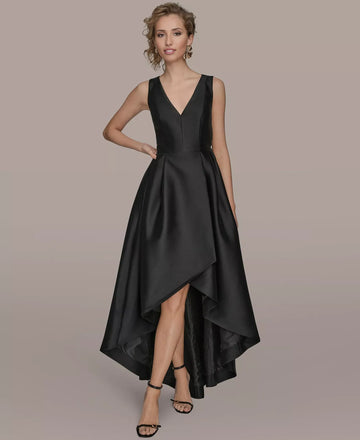 A-Line V-Neck Satin Asymmetrical High-Low Cocktail Dress