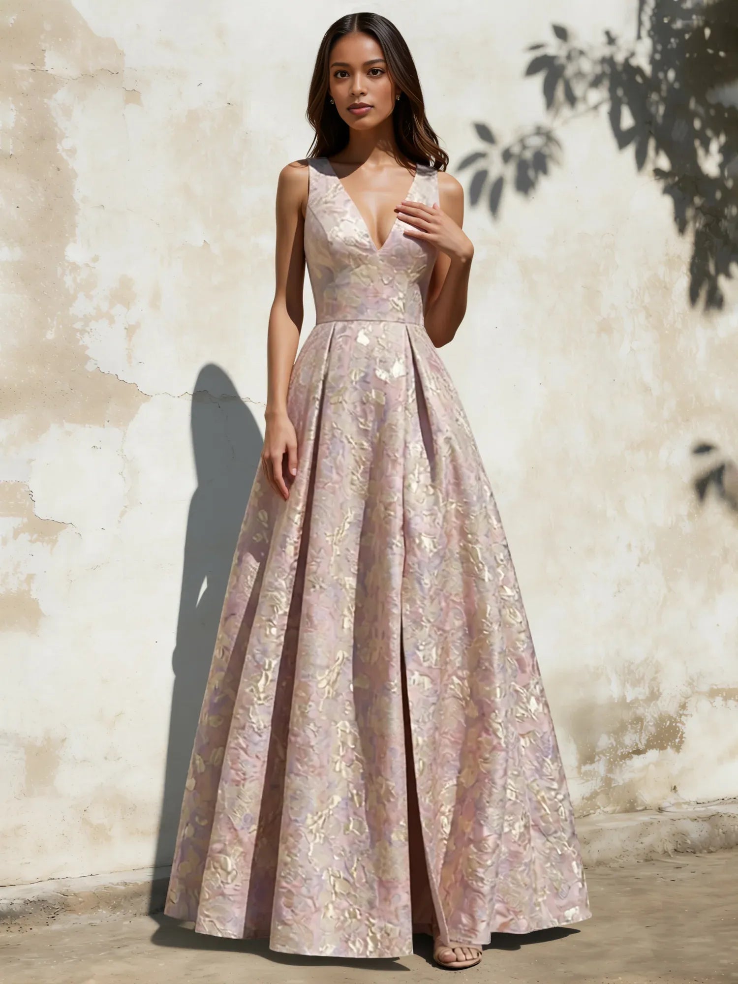Vestido de fiesta sin mangas de jacquard floral elegante con cuello en V, corte en A, abertura y largo hasta el suelo