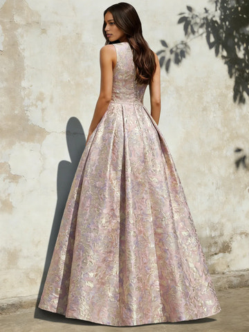 A-Line V-Neck Elegant Jacquard Floral Sleeveless Prom Dress Floor-Length Slit Ball Gown