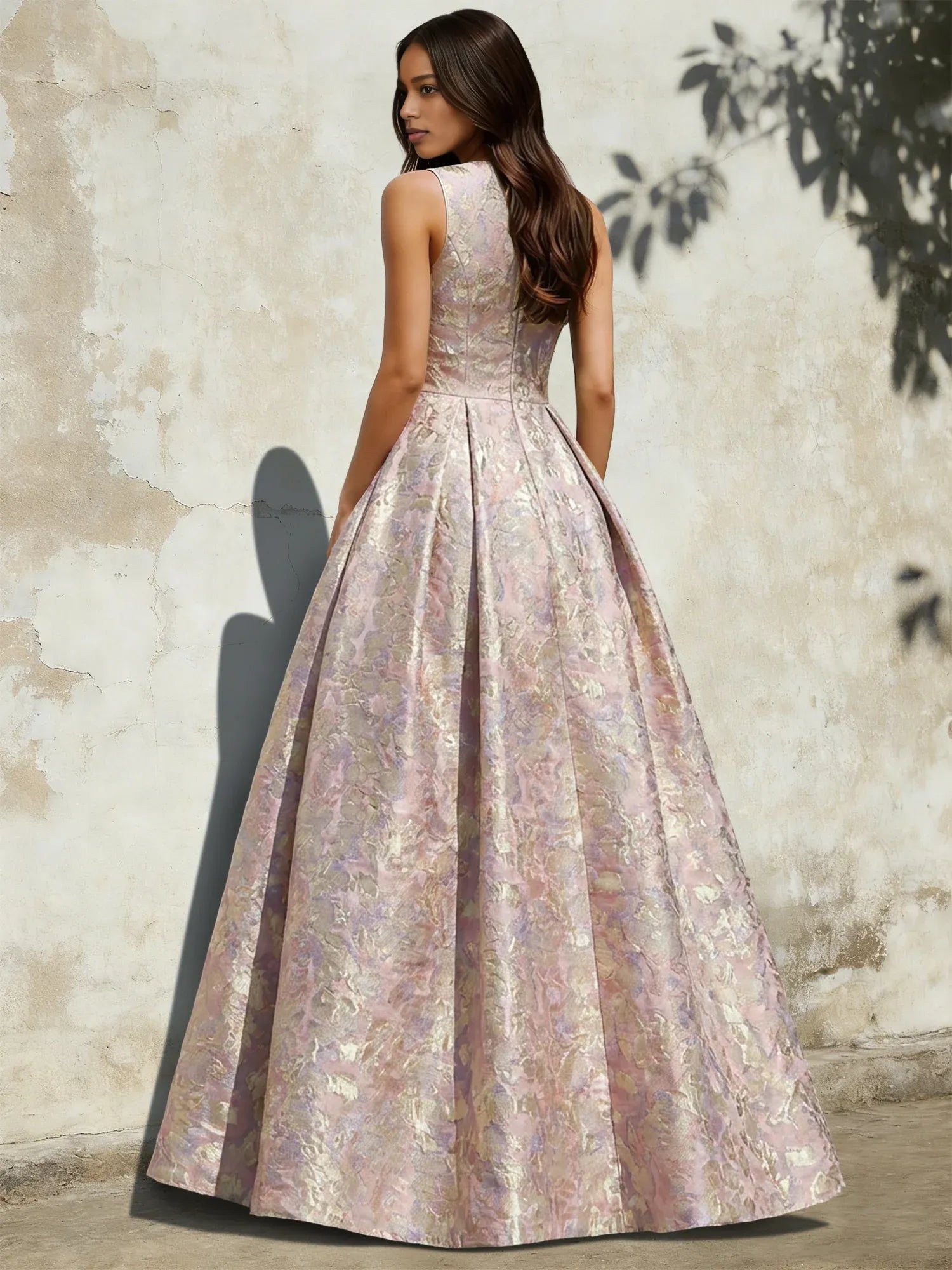 Vestido de fiesta sin mangas de jacquard floral elegante con cuello en V, corte en A, abertura y largo hasta el suelo