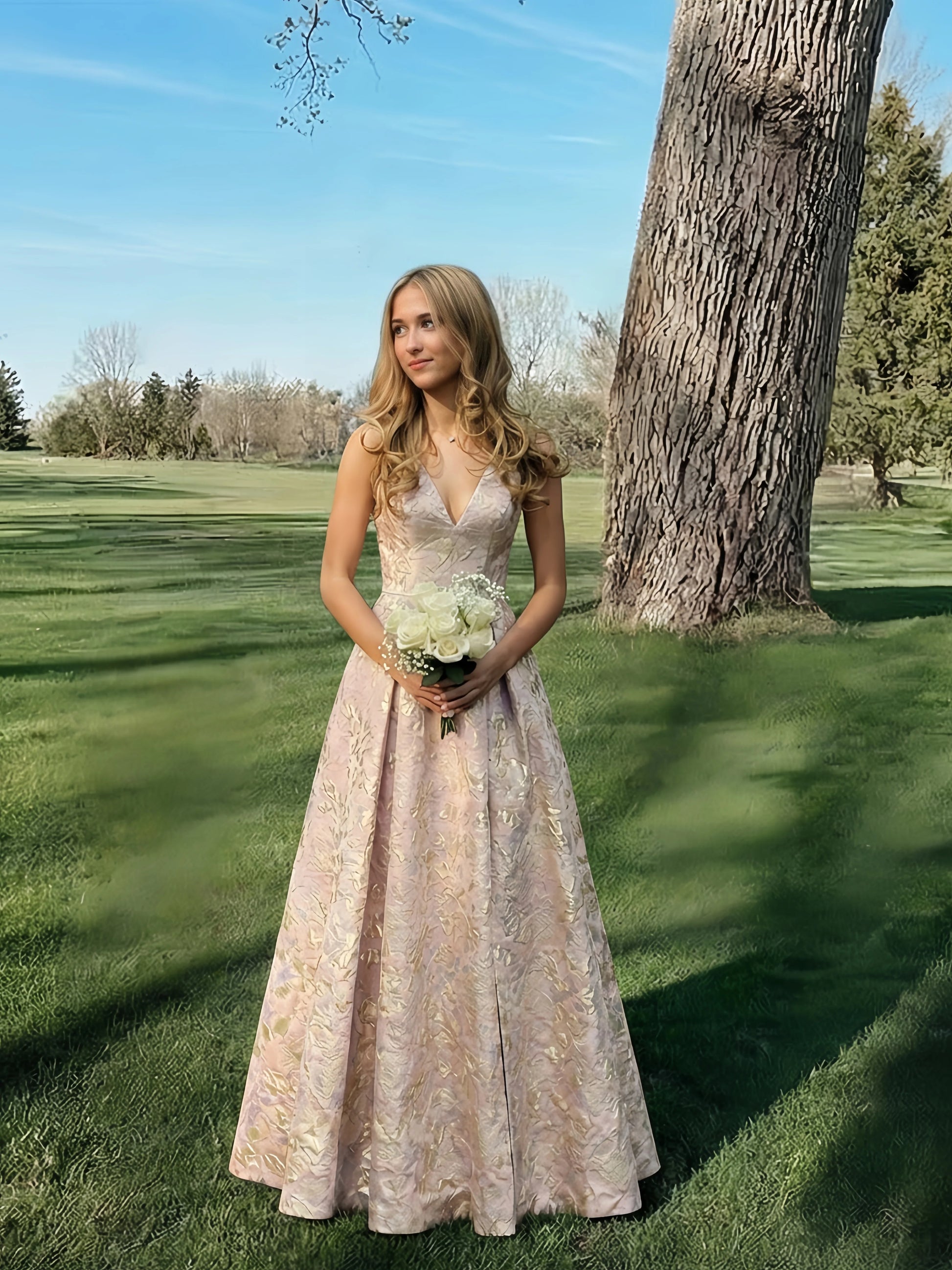 Vestido de fiesta sin mangas de jacquard floral elegante con cuello en V, corte en A, abertura y largo hasta el suelo