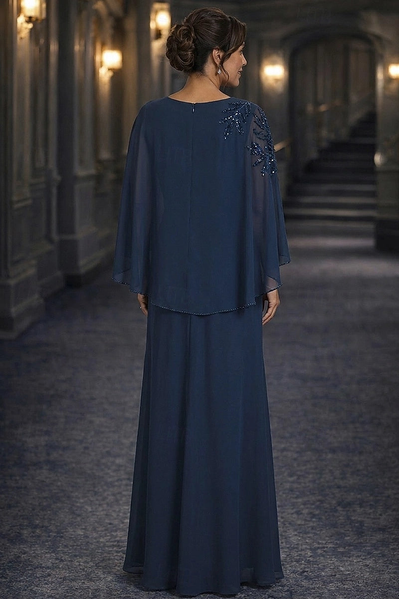 Navy Blue A-Line V-Neck Cape Sleeve Round Back Floor-Length Mother Of The Bride Dress