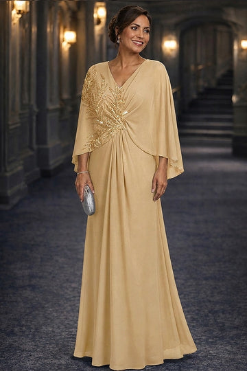 Navy Blue A-Line V-Neck Cape Sleeve Round Back Floor-Length Mother Of The Bride Dress