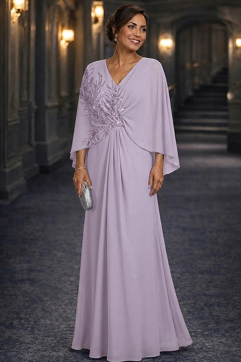 Navy Blue A-Line V-Neck Cape Sleeve Round Back Floor-Length Mother Of The Bride Dress