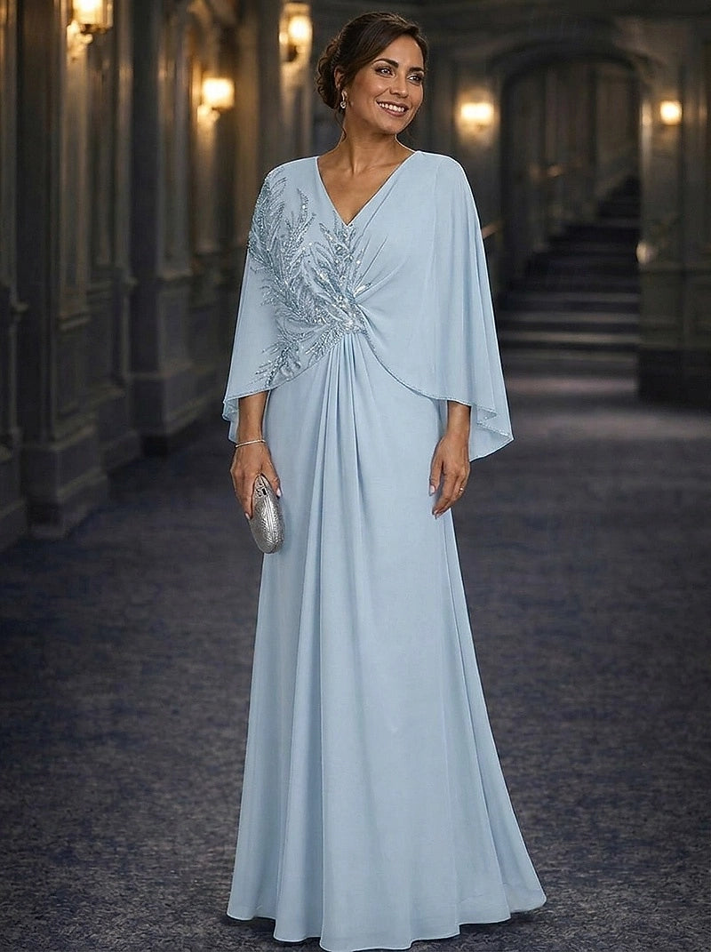 Navy Blue A-Line V-Neck Cape Sleeve Round Back Floor-Length Mother Of The Bride Dress