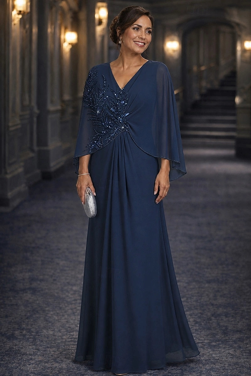 Vedress navy blue cape sleeve v-neck a-line chiffon floor length mother of the bride dress with beaded embroidery