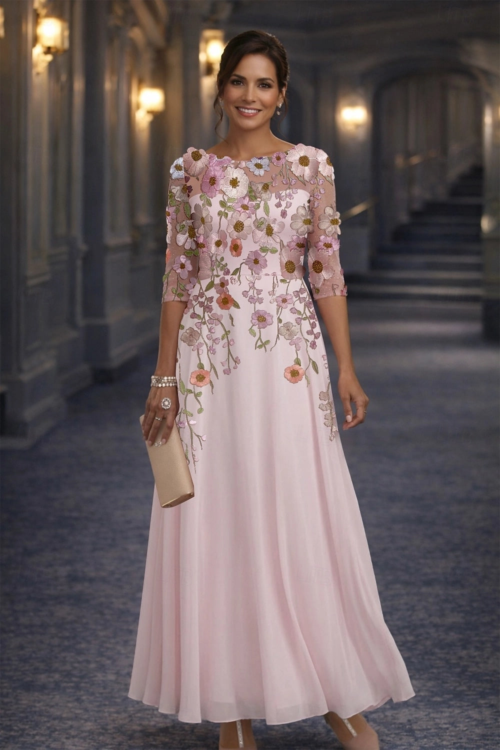 Vedress blush pink floral embroidered a-line maxi mother of the bride dress elbow sleeve illusion tulle bodice