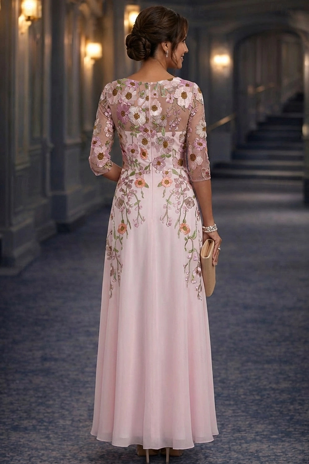 Blush Pink A-Line Round Neck Elbow Sleeve Illusion Back Maxi Mother Of The Bride Dress