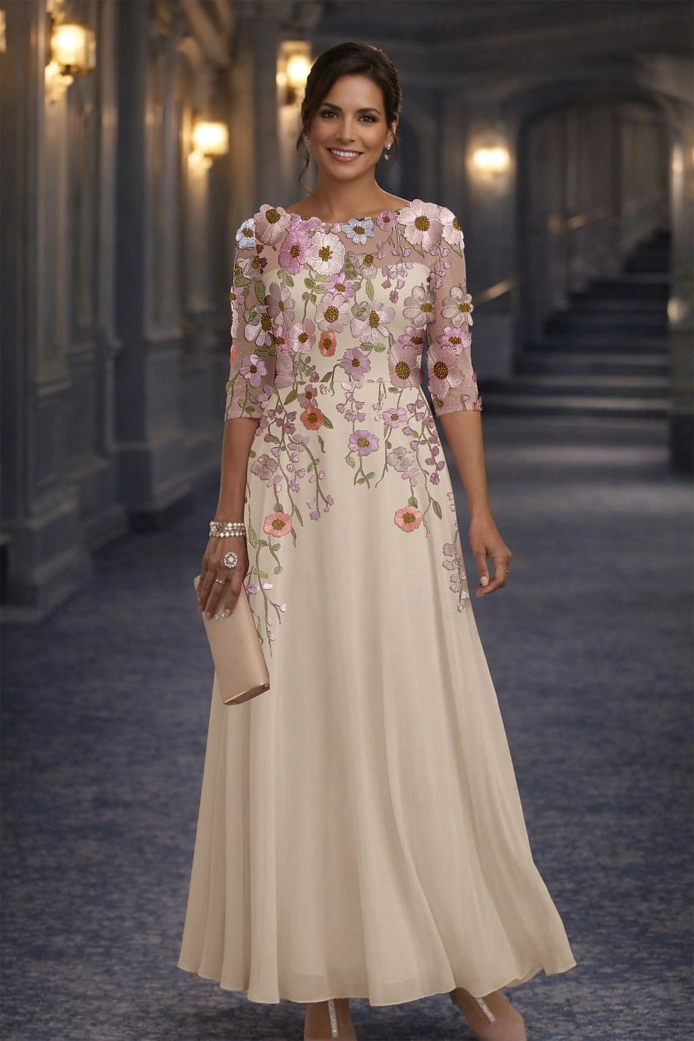 Blush Pink A-Line Round Neck Elbow Sleeve Illusion Back Maxi Mother Of The Bride Dress