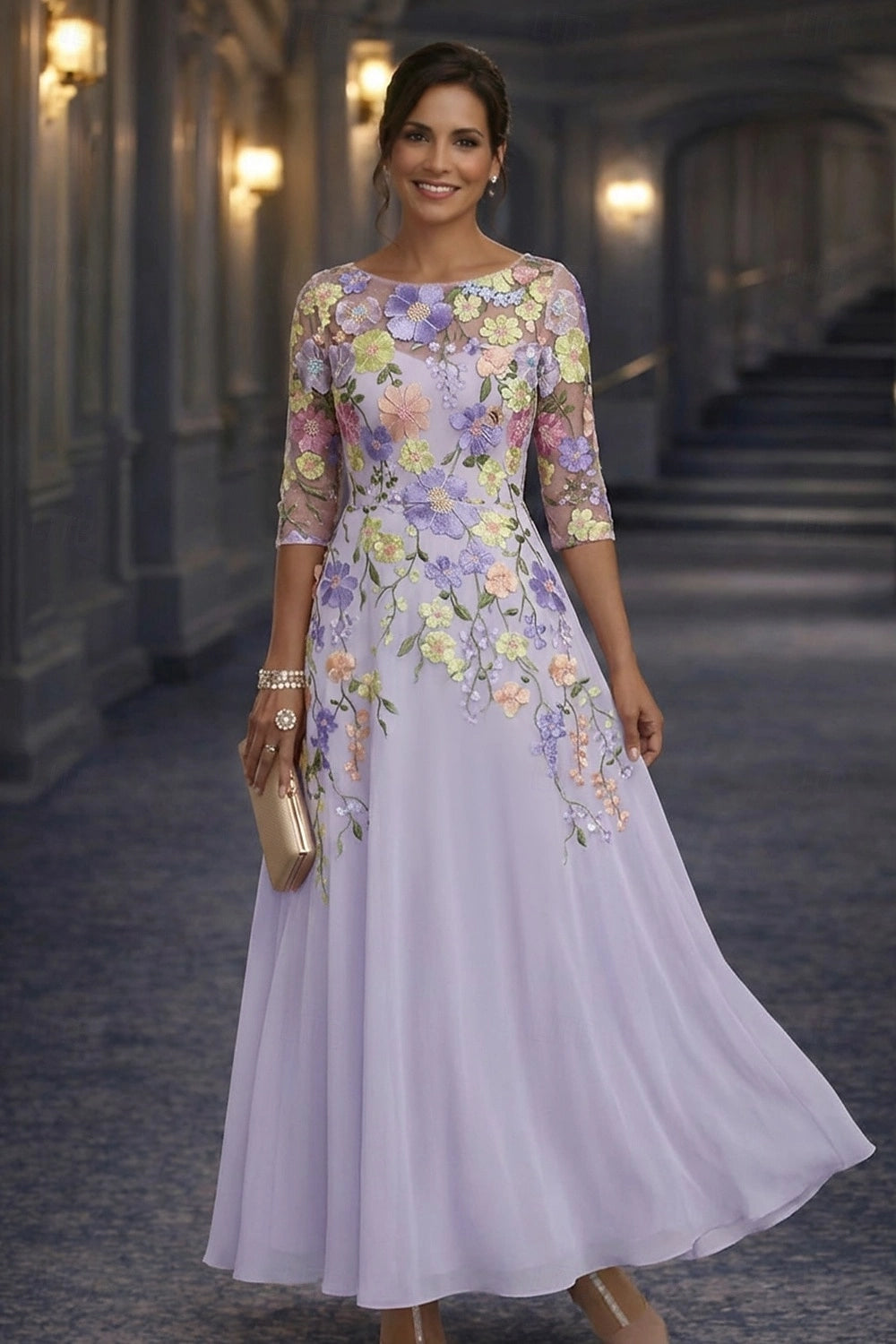 Blush Pink A-Line Round Neck Elbow Sleeve Illusion Back Maxi Mother Of The Bride Dress