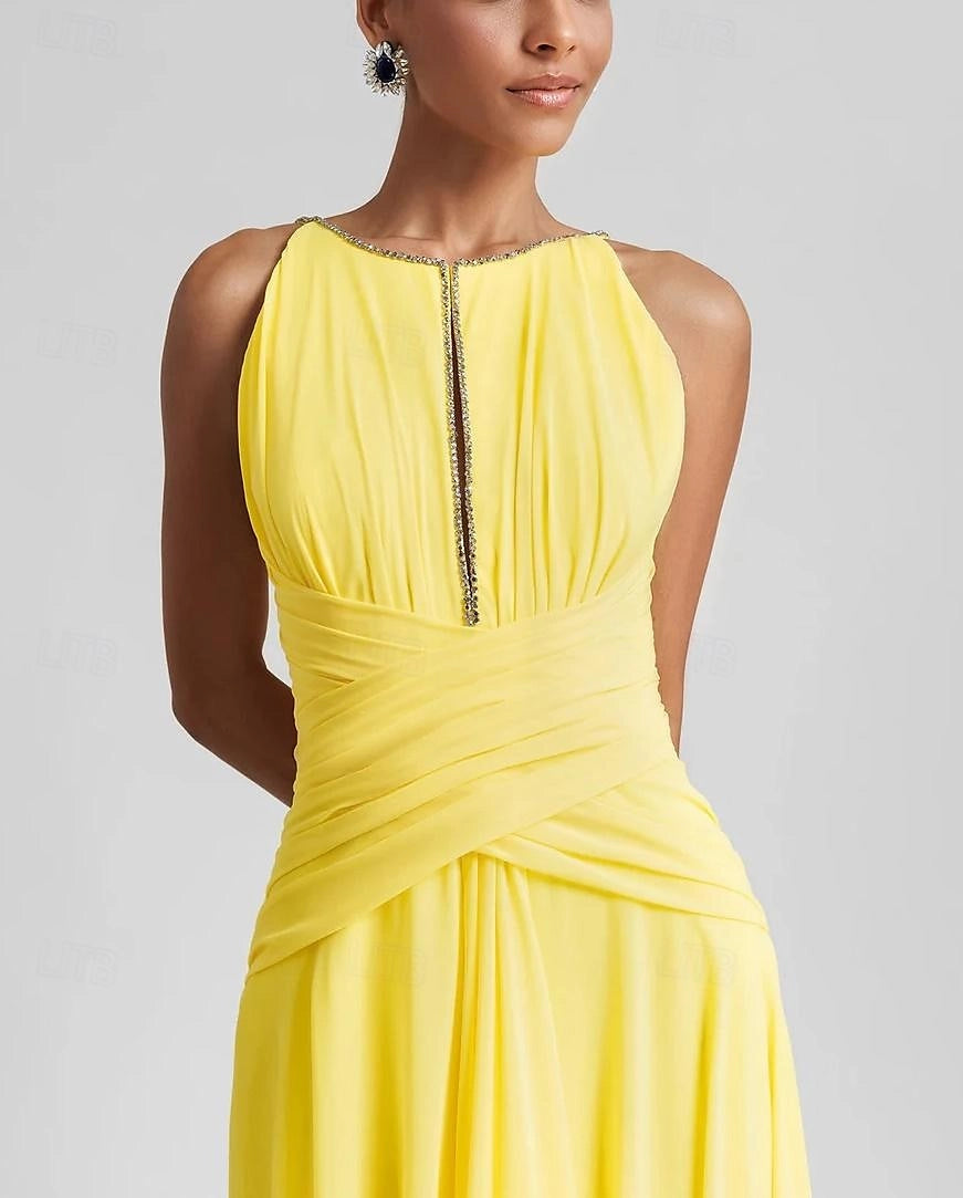 Yellow A-Line Halter Open Back Floor Length Chiffon Prom Dress 