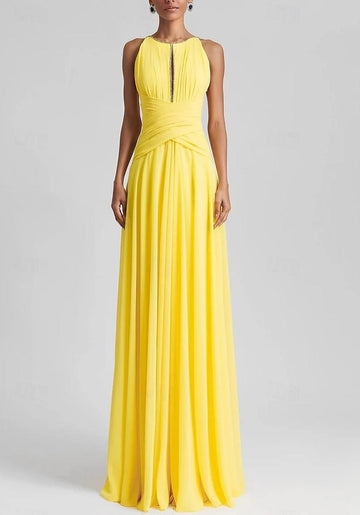 Yellow A-Line Halter Open Back Floor Length Chiffon Prom Dress 