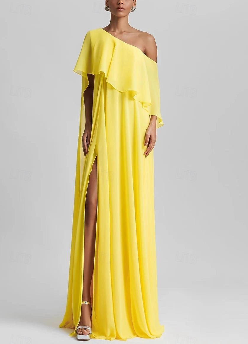 Elegant A-Line One Shoulder Zip Back Floor Length Prom Dress