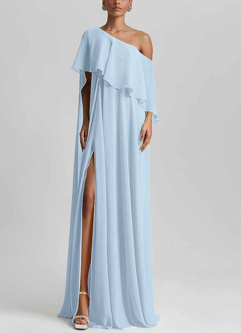 Elegant A-Line One Shoulder Zip Back Floor Length Prom Dress