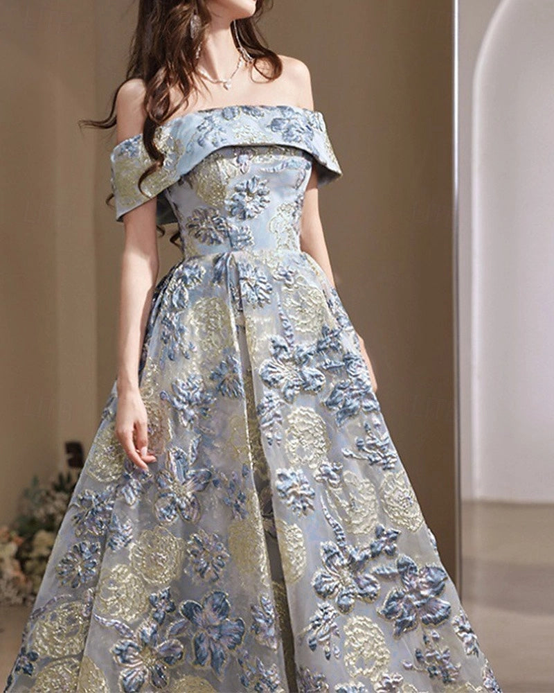 Luxury A Line Off Shoulder Lace Up Back Long Prom Dress