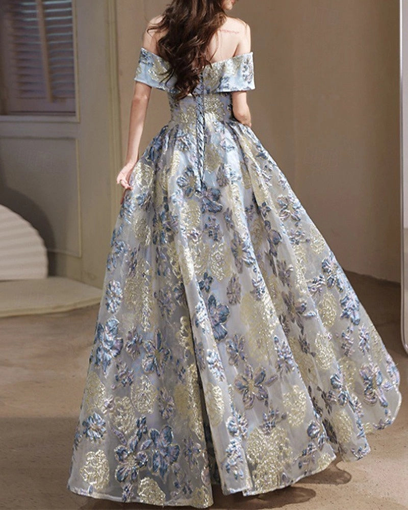 Vedress embroidered lace up back long prom dress full skirt back view minimalist indoor background