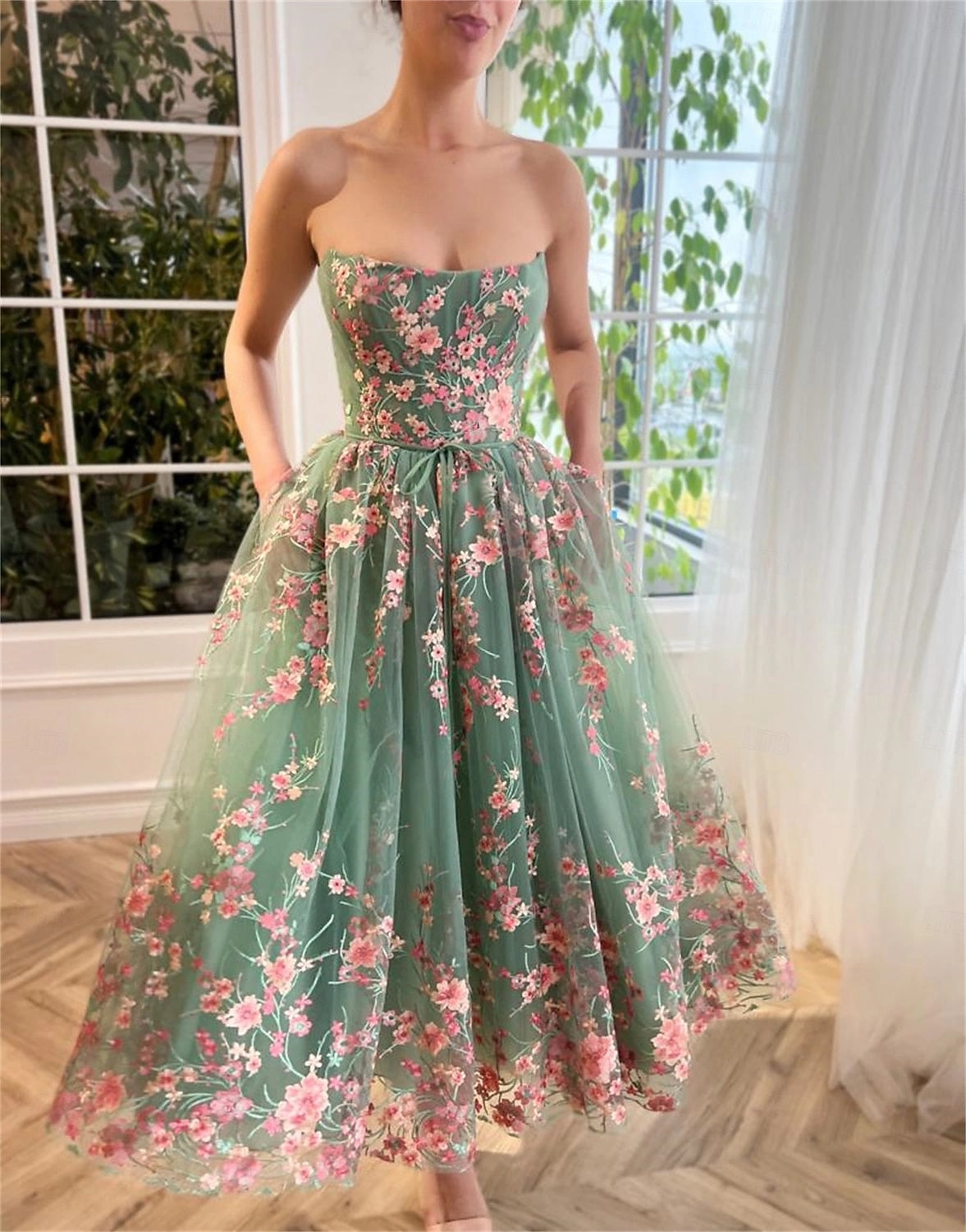 Sage A-Line Strapless Zip Back Midi Prom Dress