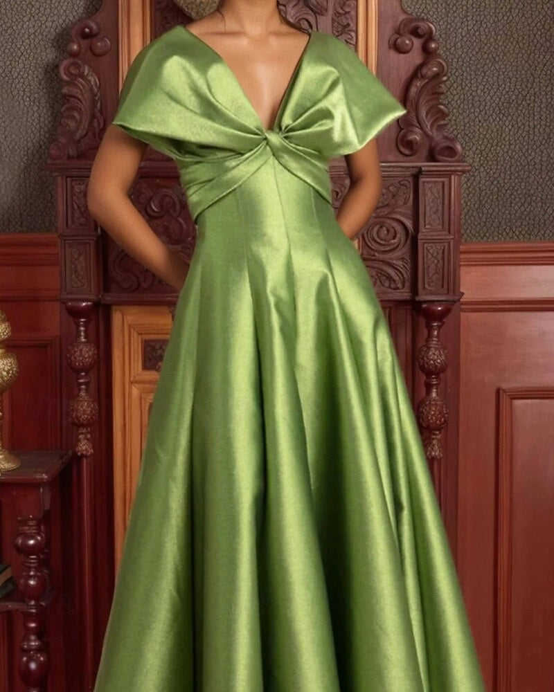 Luxurious A-Line Deep V Cap Sleeve Zip Back Long Prom Dress