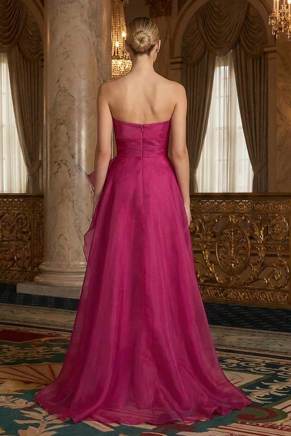 Chic A-Line Strapless Zip Back Slit Long Organza Prom Dress