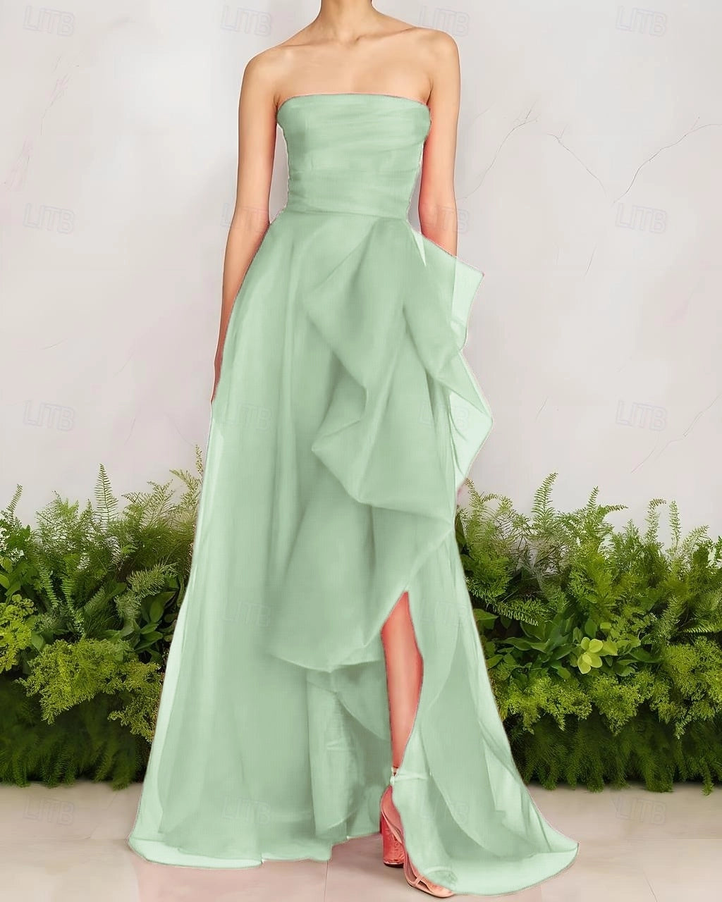 Vedress sage green ruched strapless long prom dress high slit ruffle evening gown plain background