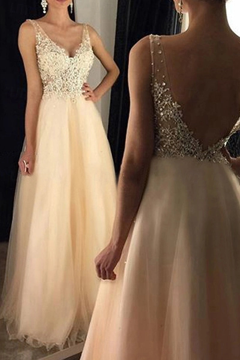 Champagne A-Line V Neck Deep Back Tulle Floor Wedding Prom Dress