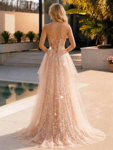 Vedress crisscross lace up back long train prom dress sheer tulle overlay evening gown back view villa courtyard