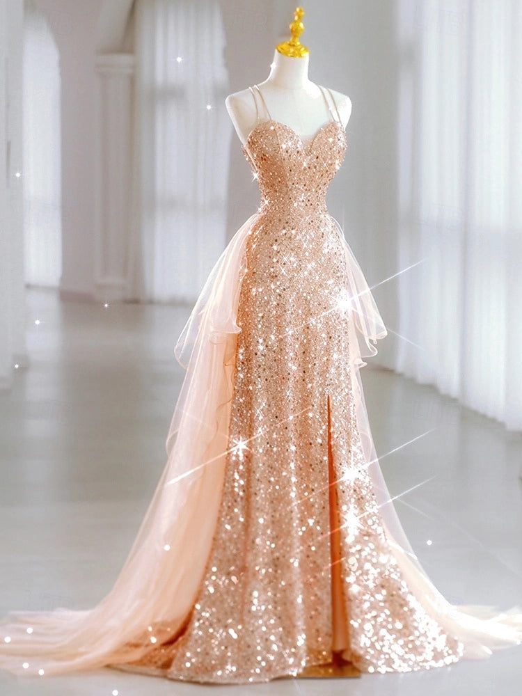 Glam Mermaid Spaghetti Strap Lace Up Back Slit Long Prom Dress