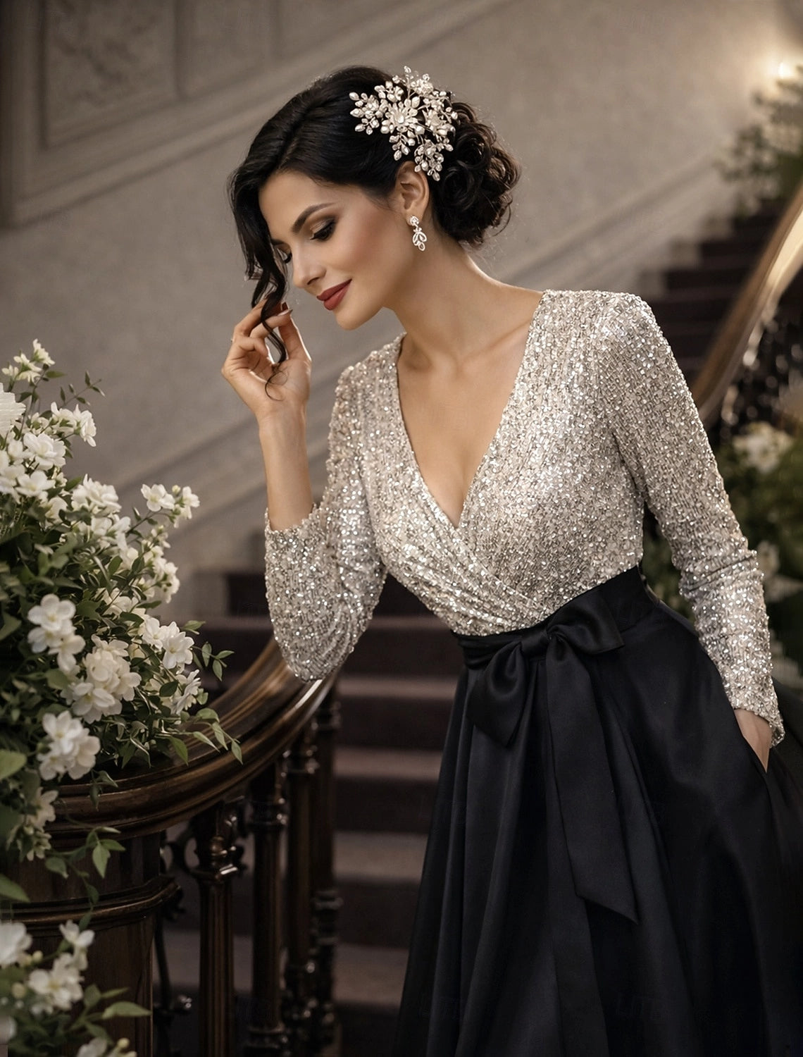 Two Tone A-Line V Neck Long Sleeve Round Back Floor Length Mother Of The Bride Dress