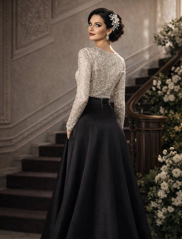 Two Tone A-Line V Neck Long Sleeve Round Back Floor Length Mother Of The Bride Dress