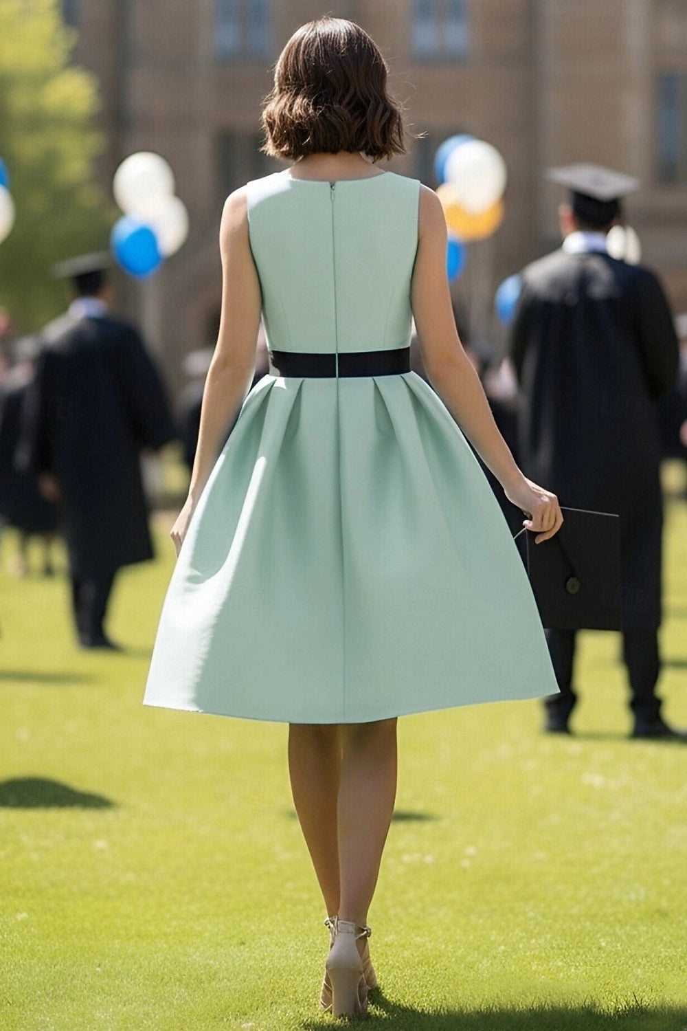 Vedress structured fabric casual formal dress solid round back invisible zipper closure college graduation midi dress