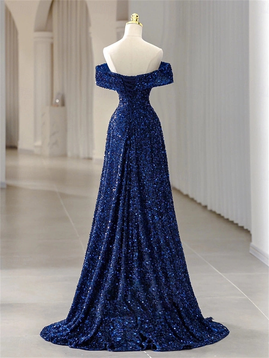 Vedress sparkling formal evening gown corset lace up back full length rear view with sweep train