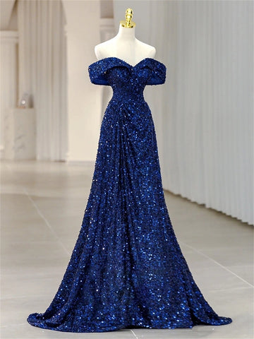 Vedress navy blue all over sequin off shoulder mermaid prom dress front partial view mannequin display