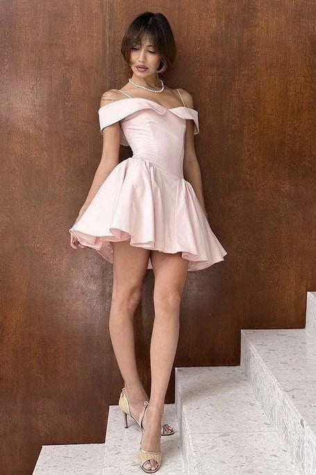 A-Line Off Shoulder Spaghetti Strap Plain Zip Back Swing Mini Homecoming Dress