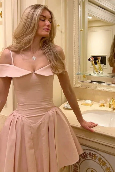 A-Line Off Shoulder Spaghetti Strap Plain Zip Back Swing Mini Homecoming Dress