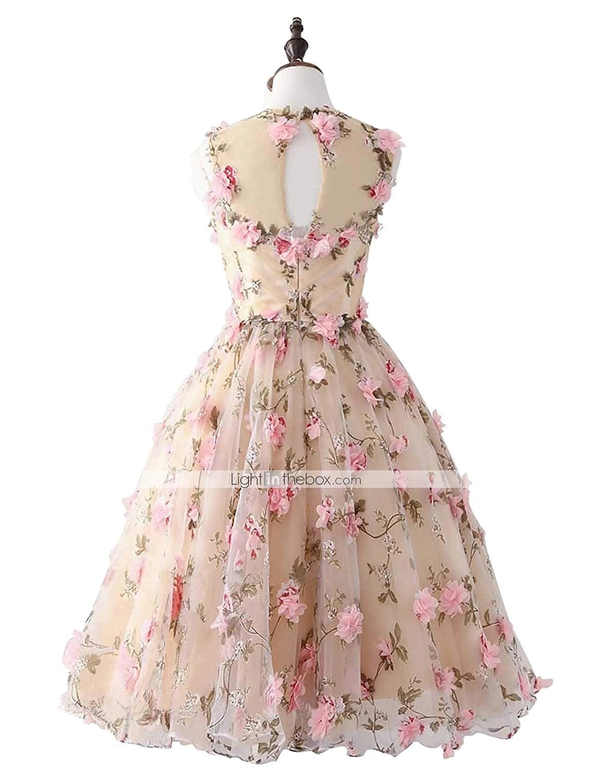 Champagne Floral ALine Round Sleeveless KeyholeBack Midi Prom Dress