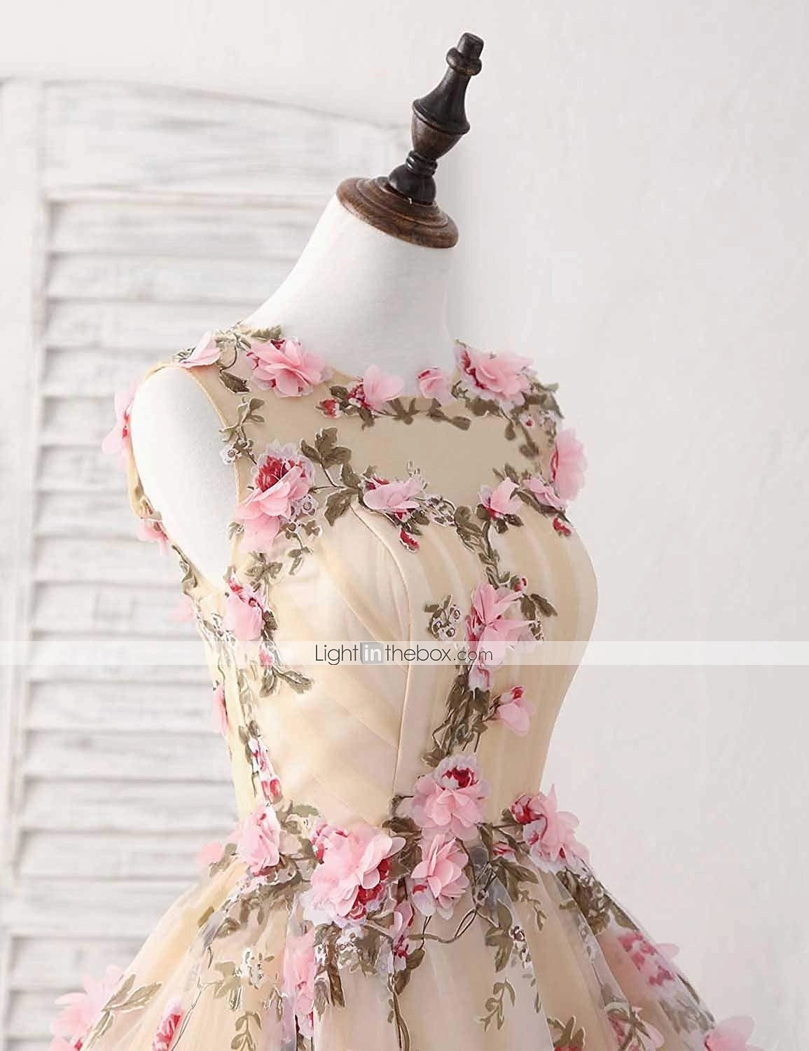 Champagne Floral ALine Round Sleeveless KeyholeBack Midi Prom Dress