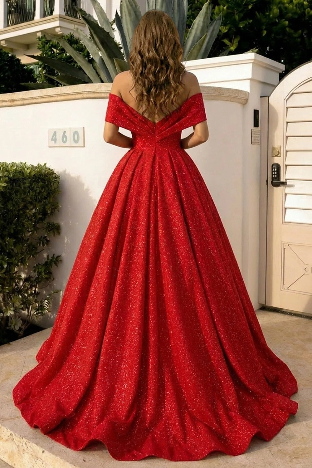 Vedress sparkly red ball gown V folded back invisible zipper closure long sweeping formal occasion dress