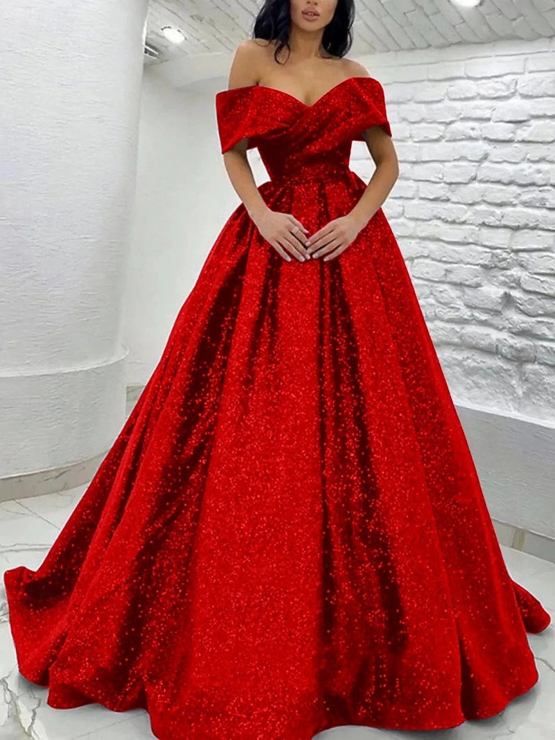 Gorgeous A-Line Off Shoulder Zip Back Floor Length Prom Dress