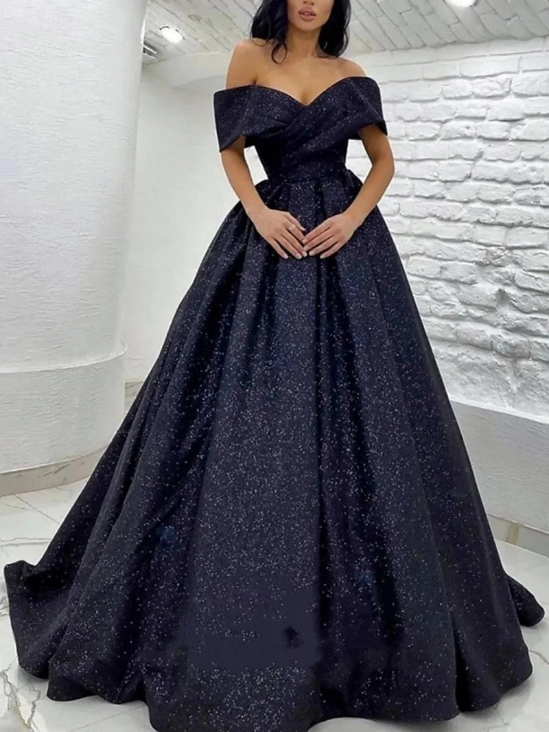 Gorgeous A-Line Off Shoulder Zip Back Floor Length Prom Dress