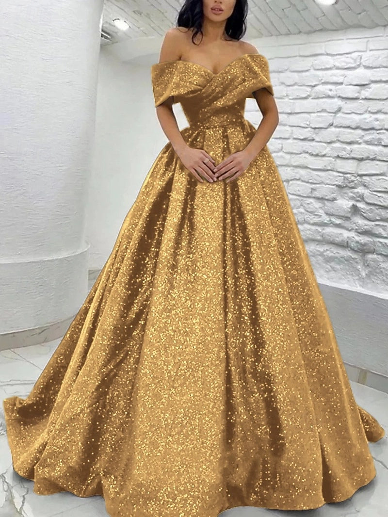 Gorgeous A-Line Off Shoulder Zip Back Floor Length Prom Dress